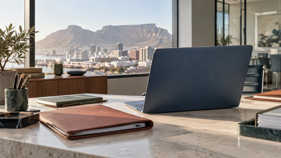 A slate-blue laptop and case folders in a Cape Town workspace