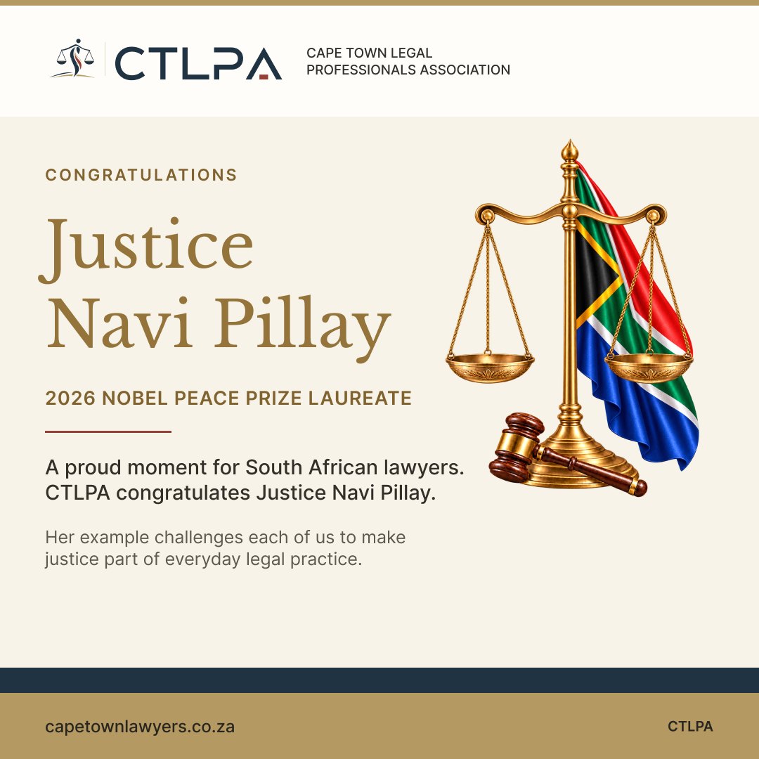 CTLPA congratulates Justice Navi Pillay, with gold scales, a gavel and the South African flag.